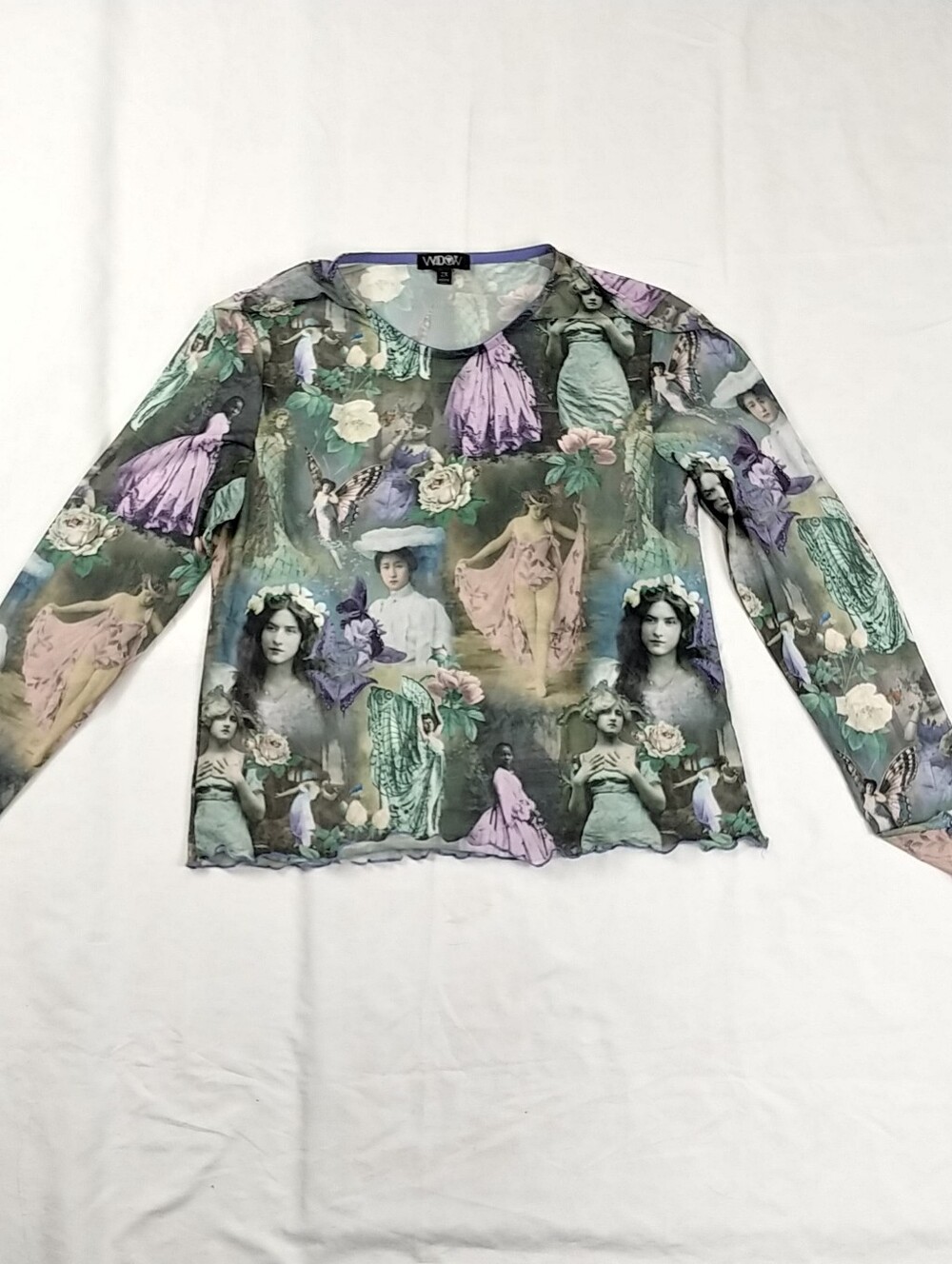 Widow Romantic Print Tee Women 2X Printed Sheer Mesh Long Sleeve Crew Neck